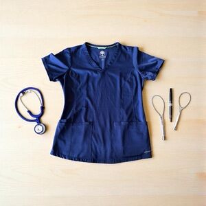 Healing Hands HH Works Women’s Scrub Top – Navy Blue (Size Small)